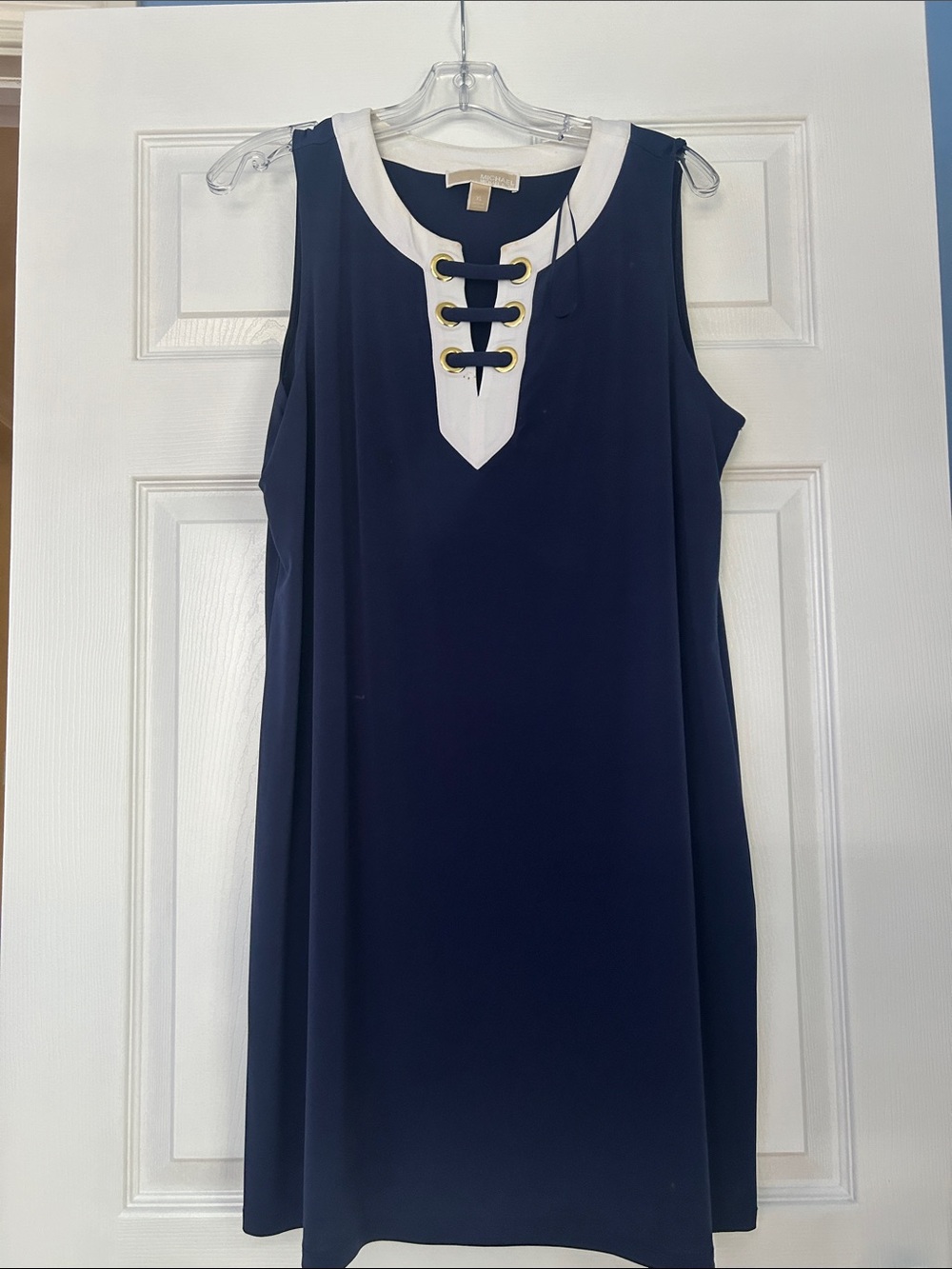 Michael Kors XL Sleeveless Navy Shift Dress with White Trim and Lace-up Detail